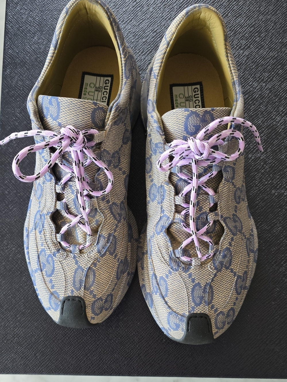 Gucci Beige & Blue GG Canvas Sneakers with Pink Laces